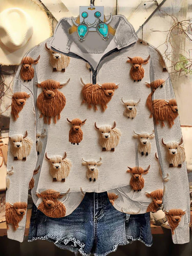 Vintage Highland Cow Print Casual Sweatshirt