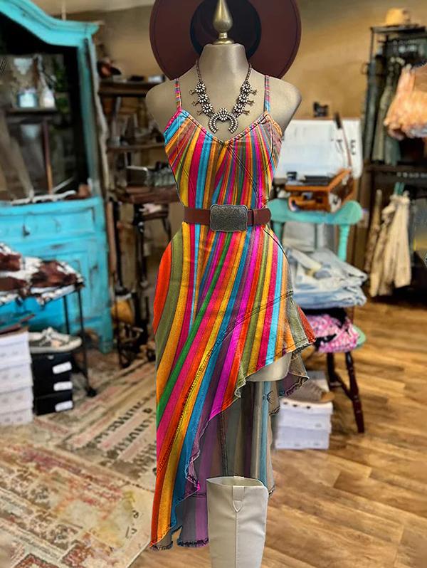 Women's Retro Rainbow Stripe Print Ruffle Dress