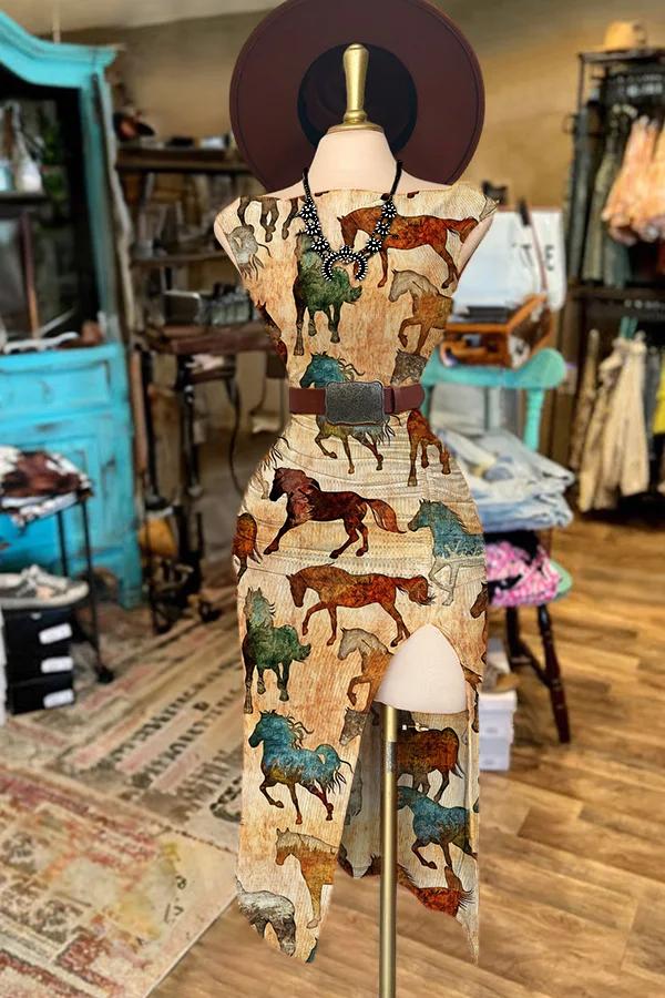 Women's Western Horse Print One-Shoulder Slit Knit Dress