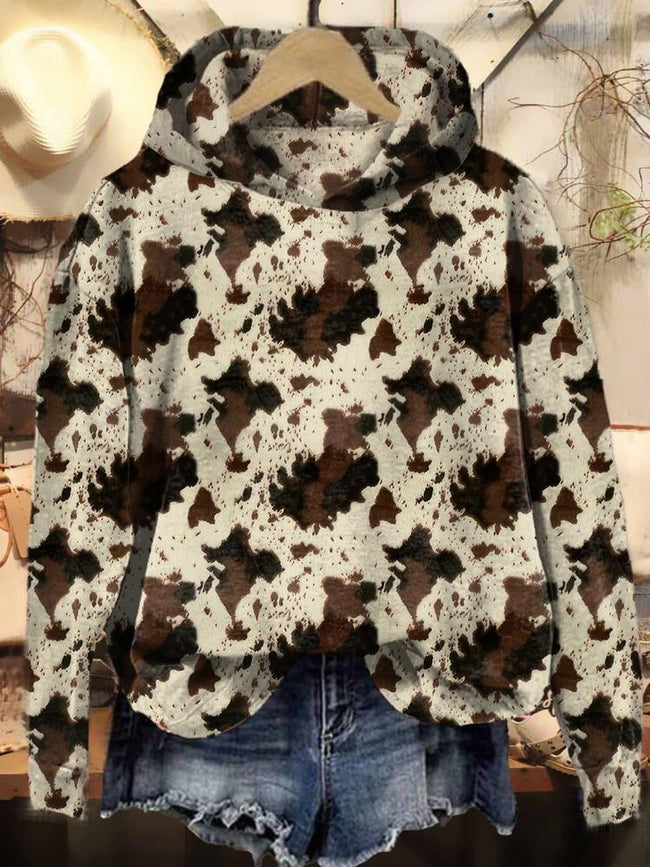 Vintage Western Cowhide Print Casual Sweatshirt Hoodie