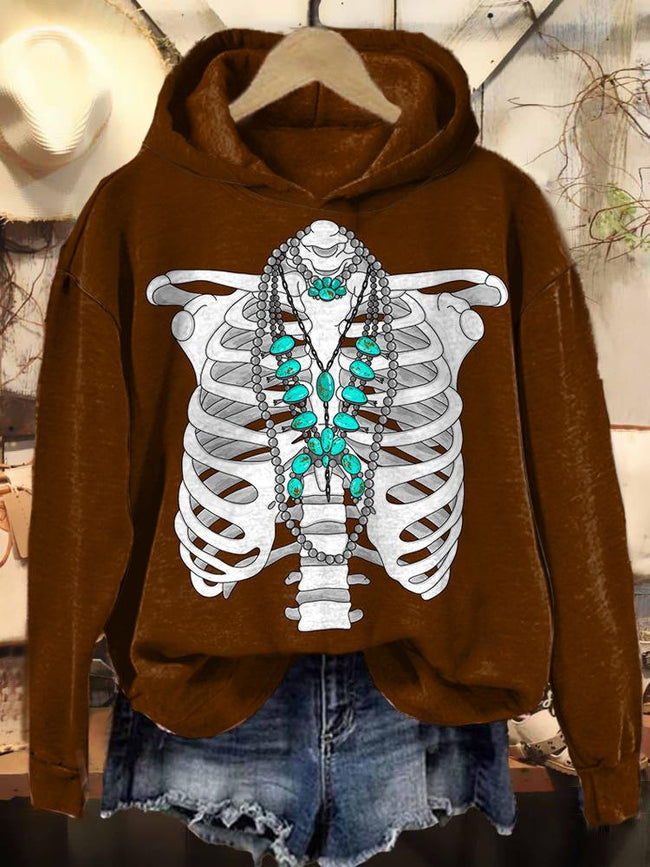 Vintage Turquoise Skeletons Print Casual Sweatshirt Hoodie