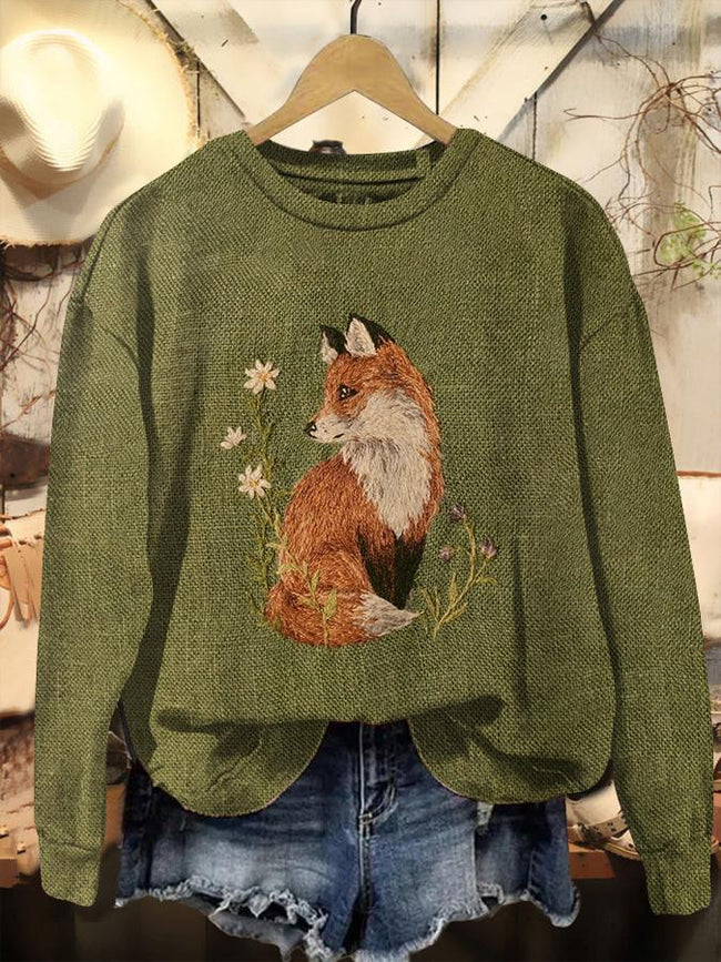 Vintage Fox Print Casual Casual Sweatshirt