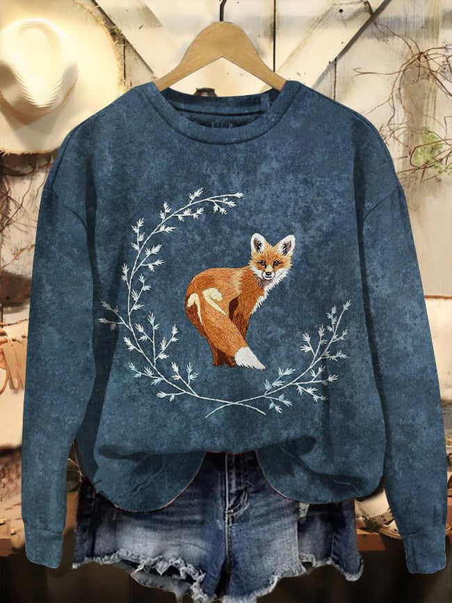 Vintage Fox Print Casual Casual Sweatshirt