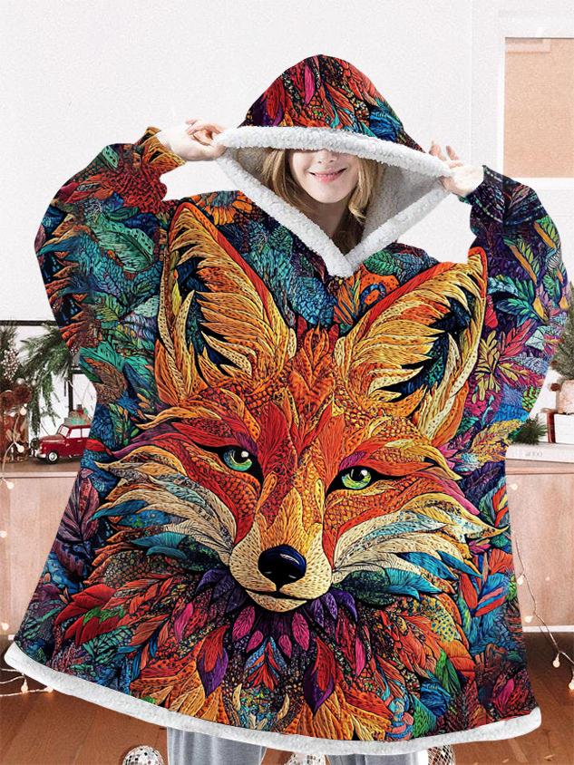 Retro Abstract Fox Print Oversize Flannel Hoodie Blanket