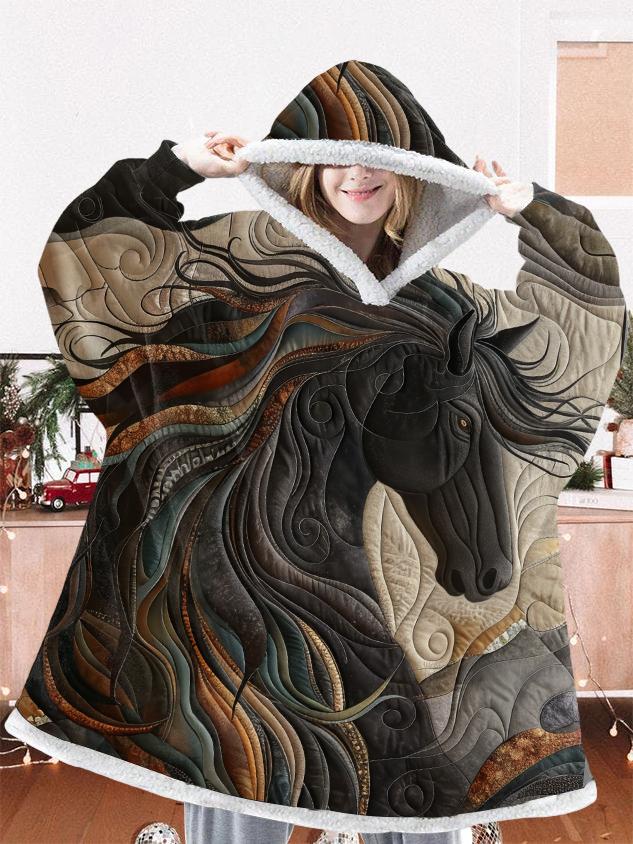 Retro Dynamic Horse Print Oversize Flannel Hoodie Blanket