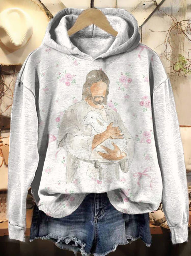 Vintage Jesus and Lamb Print Casual Sweatshirt Hoodie