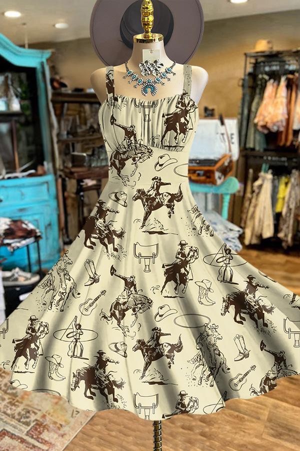 Vintage Western Cowboy Print Backless Dress