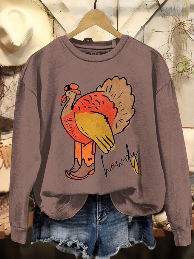 Vintage Howdy Cowboy Turkey Thanksgiving Print Casual Sweatshirt