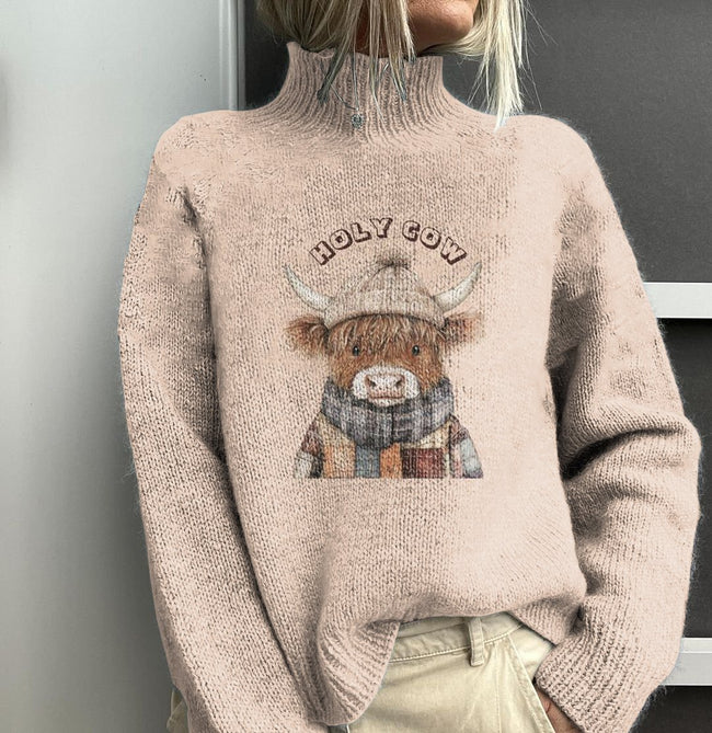 Vintage Holy Cow Print Knit Turtleneck Pullover Sweater