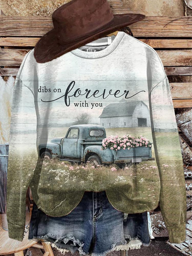 Vintage Flower And Car Print Casual Casual Sweatshirt