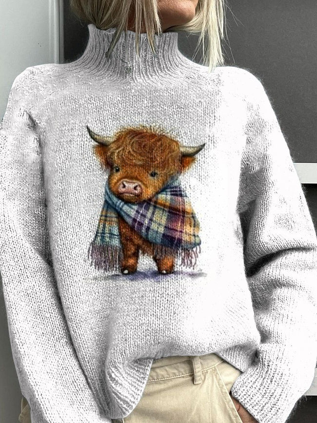 Vintage Highland Cow Print Knit Turtleneck Pullover Sweater