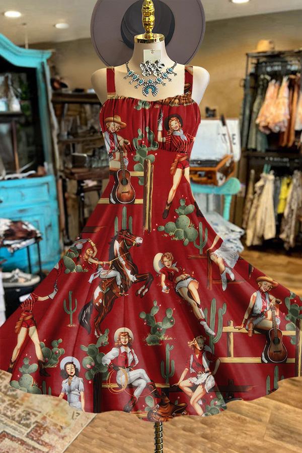 Vintage Western Cowgirl Print Backless Dress