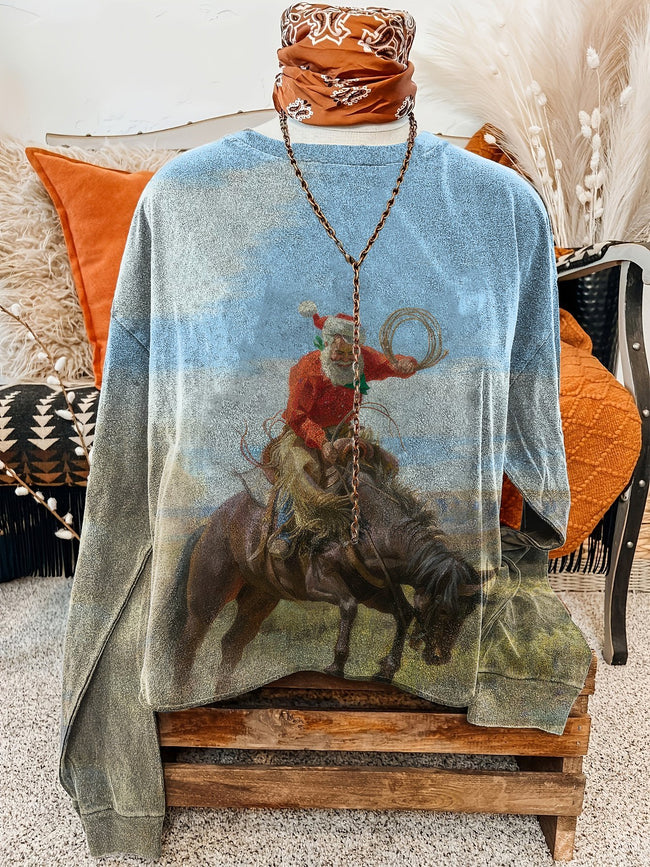 Vintage Santa Cowboy Print Casual Sweatshirt