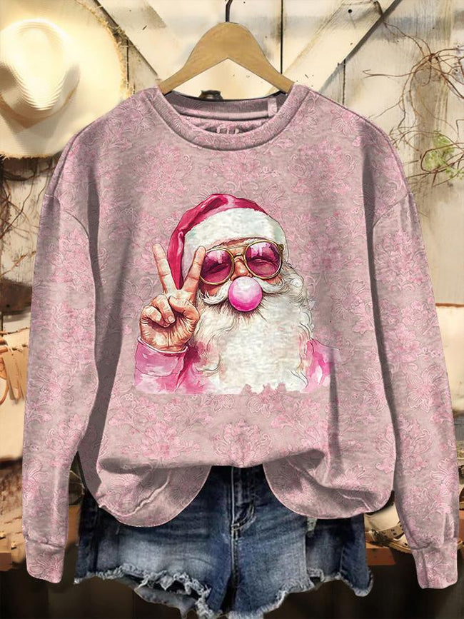 Vintage Christmas Santa Blow Gum Print Casual Sweatshirt