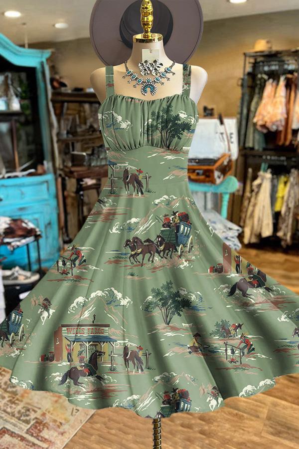 Vintage Western Print Backless Dress