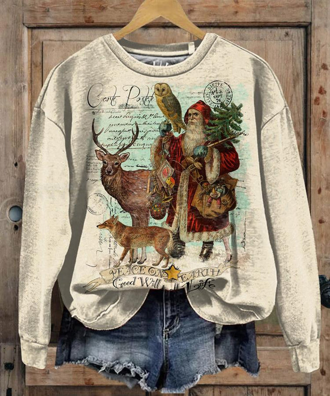 Vintage Christmas print casual sweatshirt