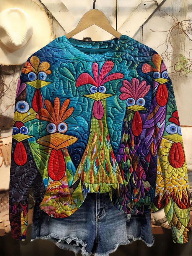 Vintage Whimsical Chickens Print Casual Sweatshirt