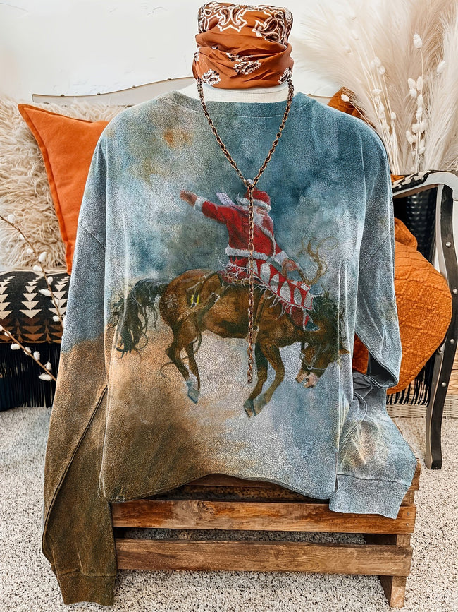 Vintage Santa Cowboy Print Casual Sweatshirt