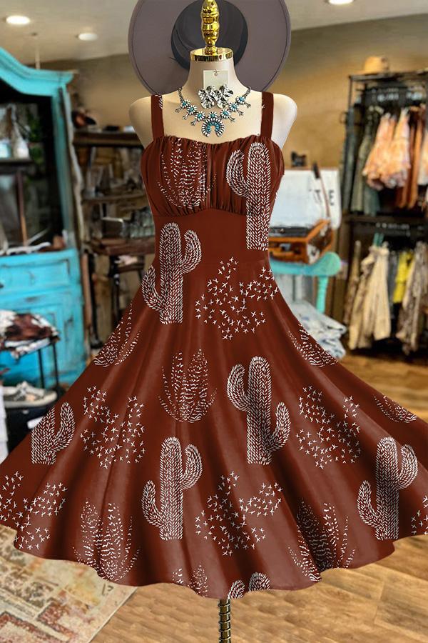 Vintage Cactus Print Backless Dress