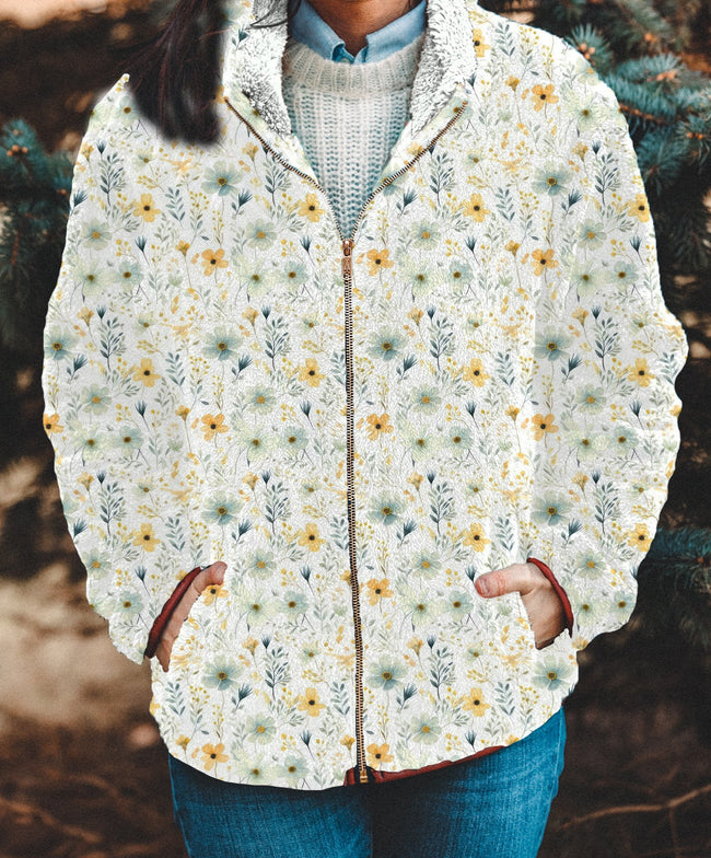 Lovely Meadows Floral Print Casual Flannel Coat