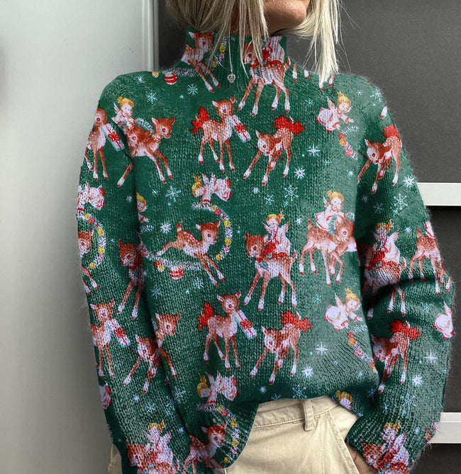 Vintage Christmas Deer Art Print Knit Turtleneck Pullover Sweater