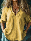 Women's Solid Color Casual Linen V-neck Shirt