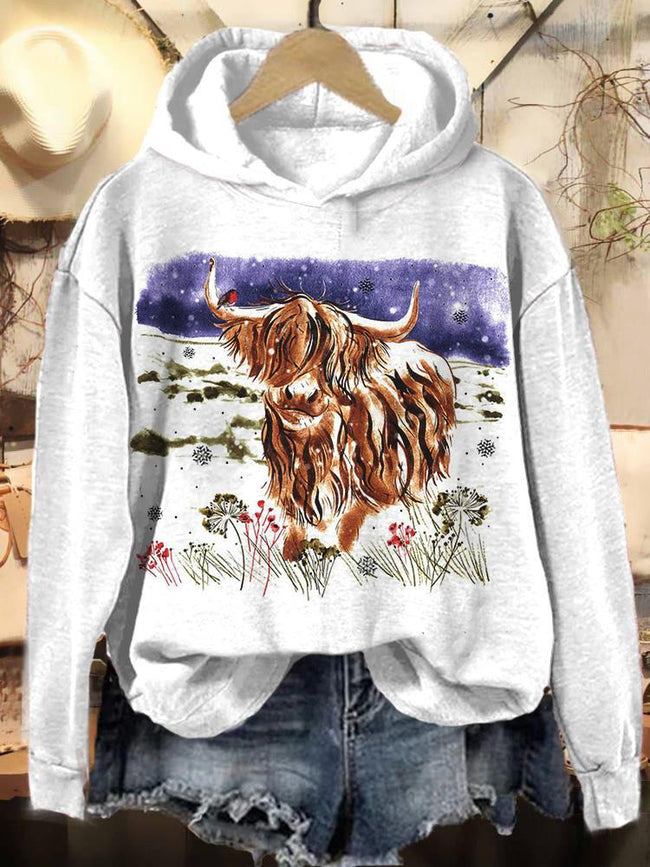 Vintage Highland Cow Print Casual Sweatshirt Hoodie