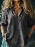 Women's Solid Color Casual Linen V-neck Shirt