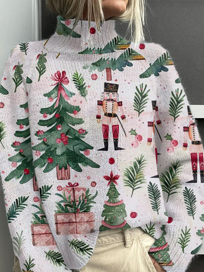 Nutcrackers Christmas Print Knit Turtleneck Pullover Sweater