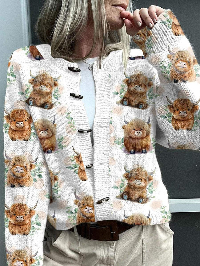 Vintage Western Style Highland Cow Print Buttoned Cardigan Sweater