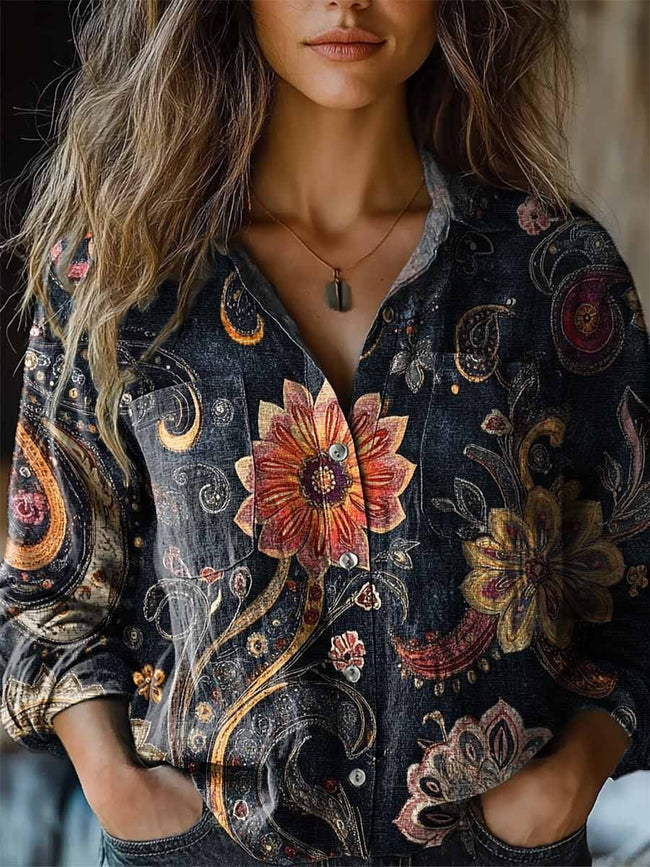 Women's Retro Folk Print Casual Long Sleeve Comfortable Cotton Shirt