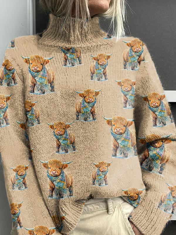 Vintage Highland Cow Print Knit Turtleneck Pullover Sweater