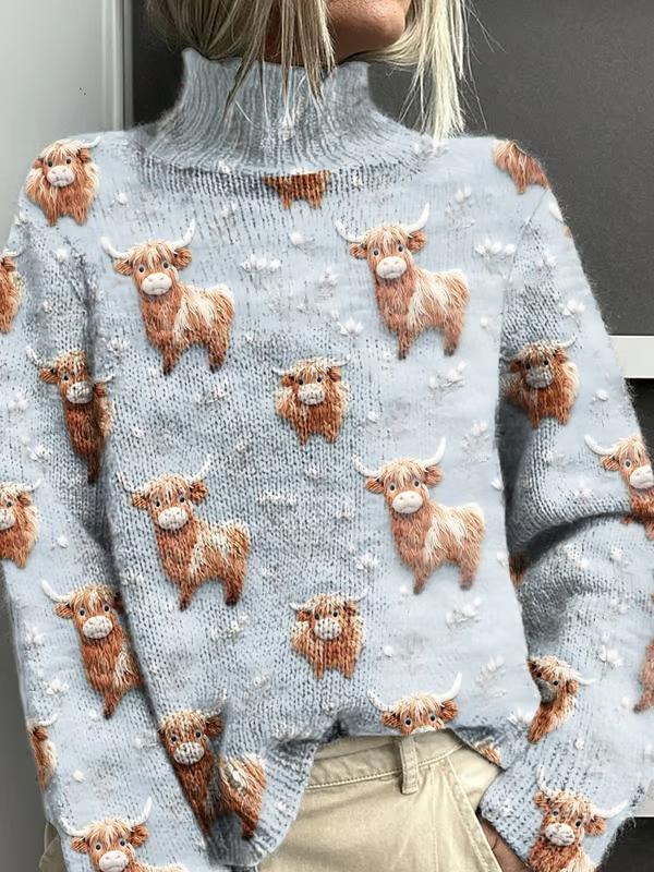 Vintage Highland Cow Print Knit Turtleneck Pullover Sweater